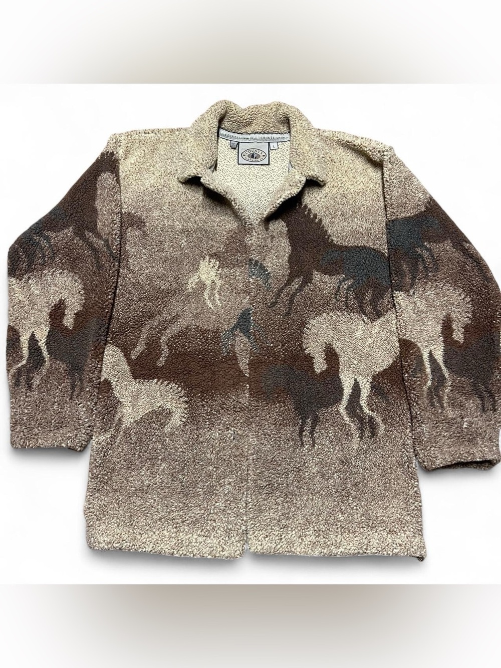 COUNTY CLOTHING CO Canada Vintage 90s Western Fleece Horse Jacket Cardigan Sz L